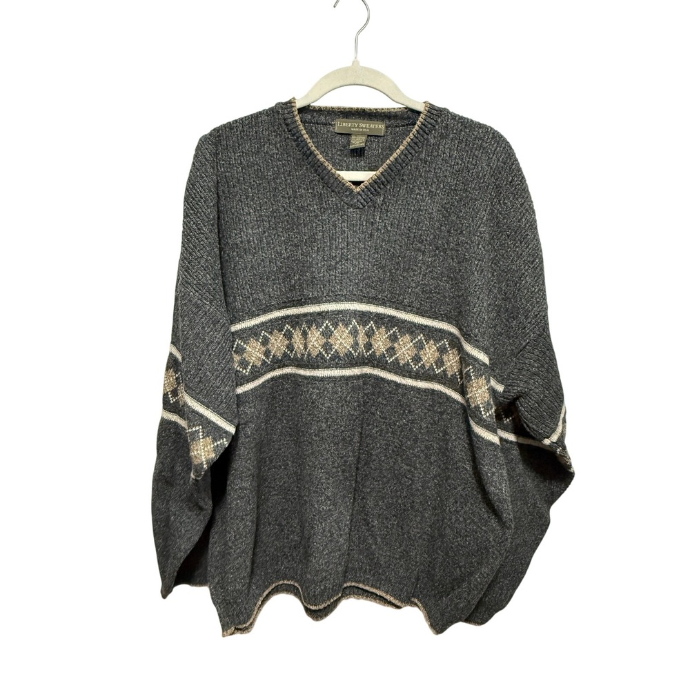 Liberty Sweaters Mens Gray V Neck Argyle Pattern Sweater XXL Made USA